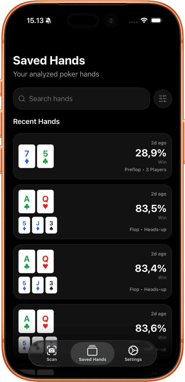 Poker hand history screen with saved hands, search, and filters