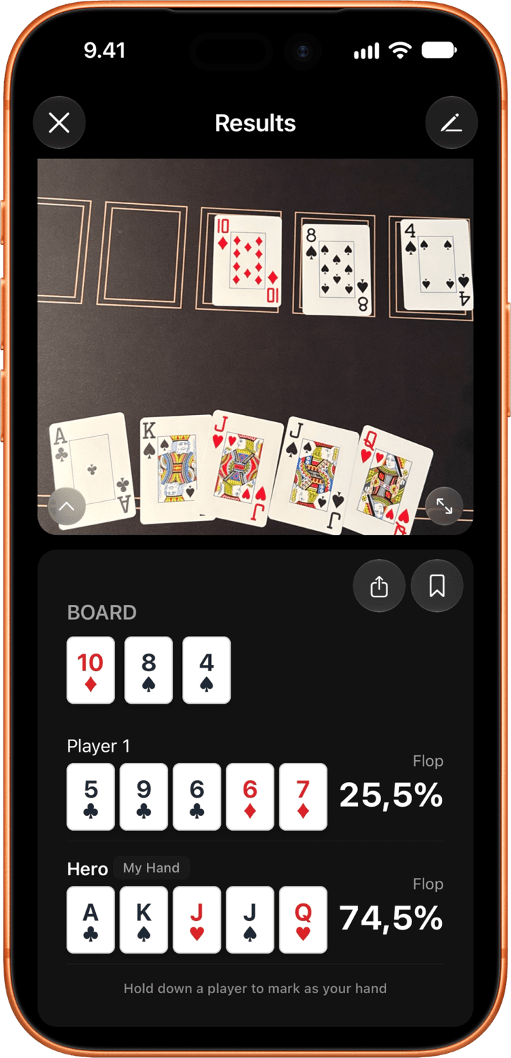Omaha 5 results on 10♦ 8♠ 4♠: A♣ K♠ J♥ J♠ Q♥ has 74.5% equity, 5♣ 9♣ 6♣ 6♦ 7♦ has 25.5%