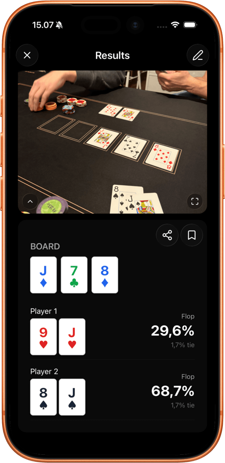Handsight results for a photographed Hold’em hand: board J♦ 7♣ 8♦, Player 1 29.6% and Player 2 68.7% equity