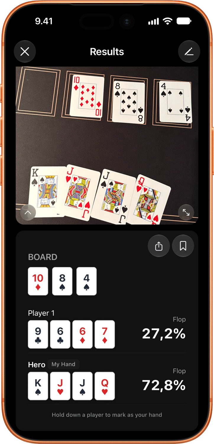 Ergebnis: K♠ J♥ J♠ Q♥ hat 72,8 % Equity, 9♣ 6♣ 6♦ 7♦ hat 27,2 %
